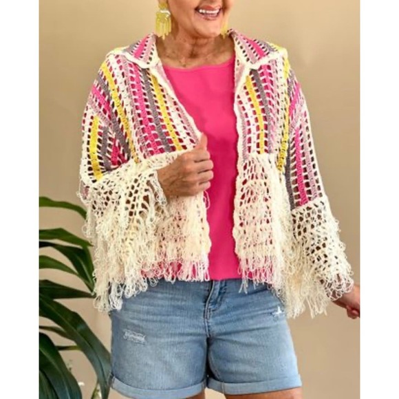 POL Multicolor striped crochet fringe beach hoodie, size medium - Picture 1 of 5